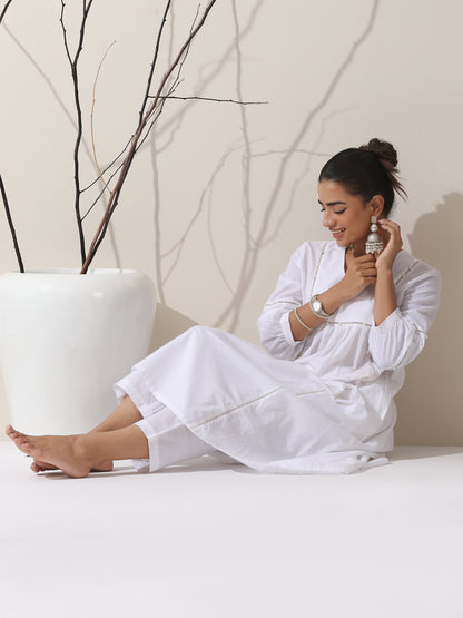 Dhiyona ST 2-Piece White Cotton Bib Kurta Set for Women – Pearl Embellished Detailing with Matching Pants | Elegant Ethnic Co-ord
