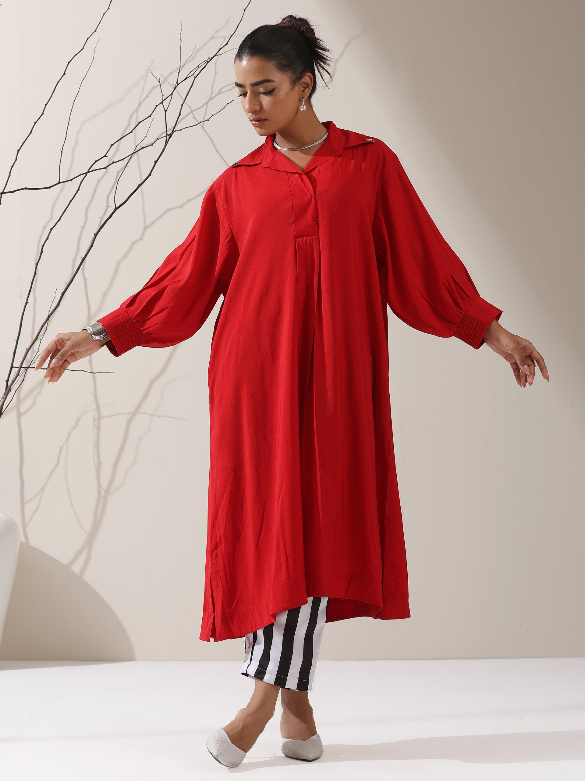 Dhiyona ST Women's Red AirSkin Oversized Dress Shirt with Adjustable Sleeves & Striped Pants | 2 Pc Set, Relaxed Fit Co-ord, Bold & Breezy Fusion Wear