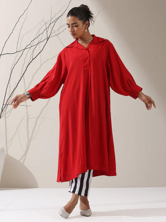 Dhiyona ST Women's Red AirSkin Oversized Dress Shirt with Adjustable Sleeves & Striped Pants | 2 Pc Set, Relaxed Fit Co-ord, Bold & Breezy Fusion Wear