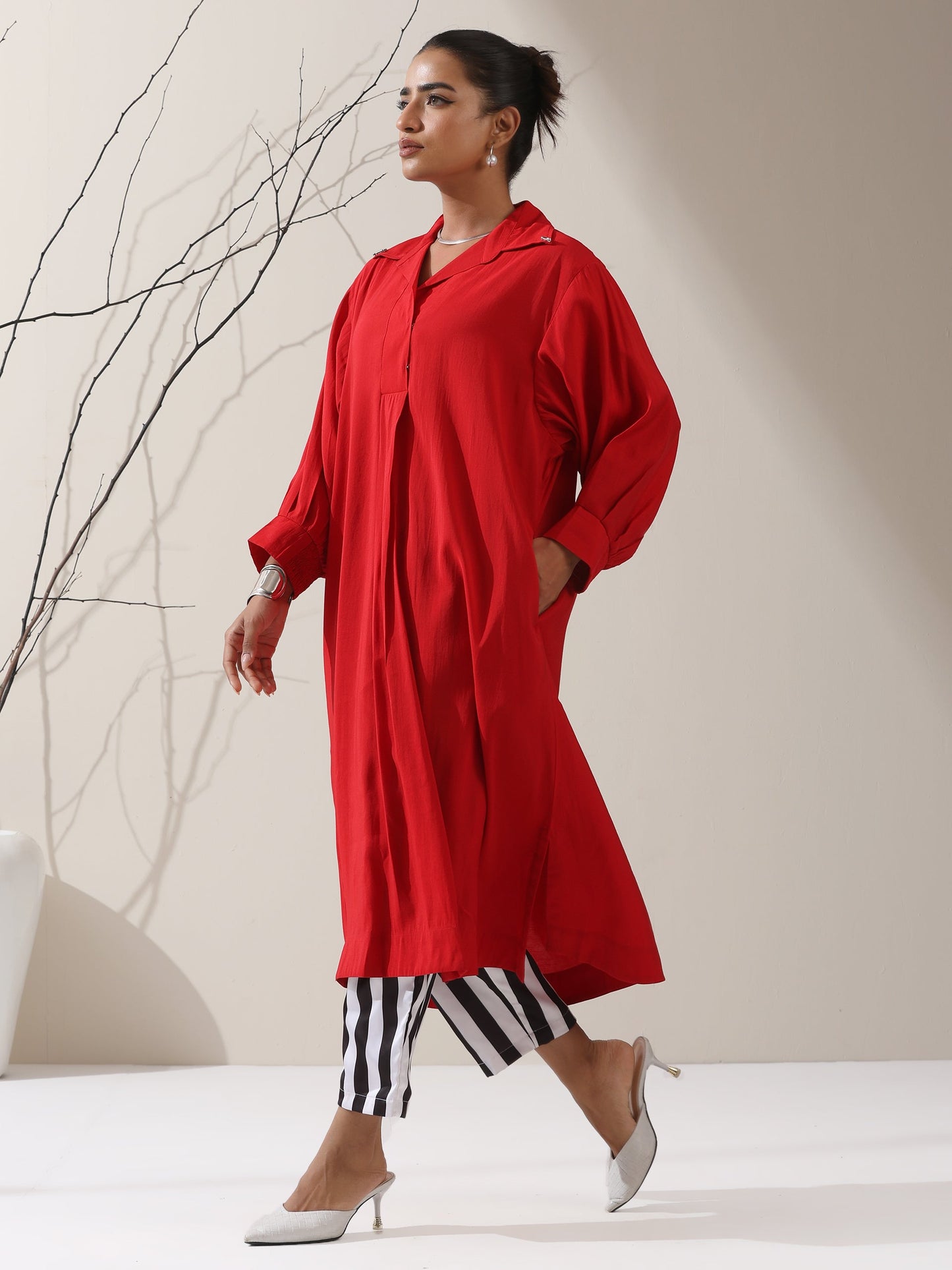 Dhiyona ST Women's Red AirSkin Oversized Dress Shirt with Adjustable Sleeves & Striped Pants | 2 Pc Set, Relaxed Fit Co-ord, Bold & Breezy Fusion Wear