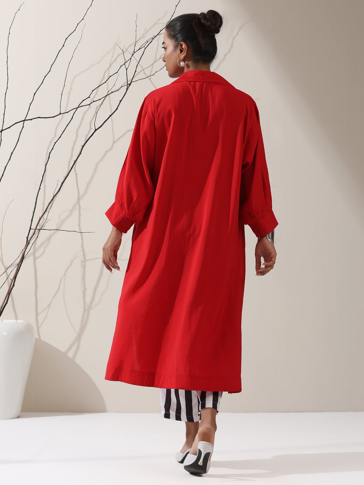 Dhiyona ST Women's Red AirSkin Oversized Dress Shirt with Adjustable Sleeves & Striped Pants | 2 Pc Set, Relaxed Fit Co-ord, Bold & Breezy Fusion Wear