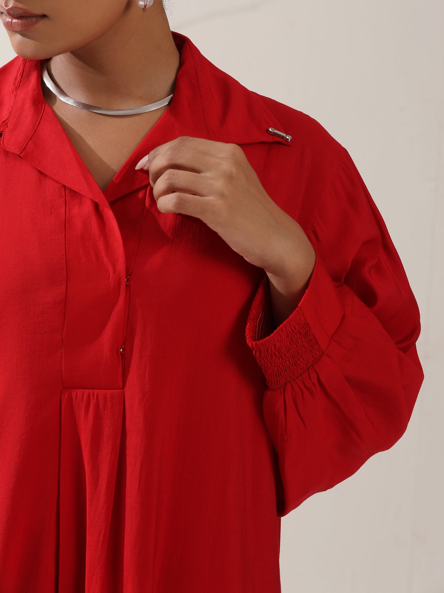 Dhiyona ST Women's Red AirSkin Oversized Dress Shirt with Adjustable Sleeves & Striped Pants | 2 Pc Set, Relaxed Fit Co-ord, Bold & Breezy Fusion Wear