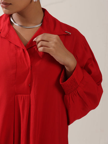 Dhiyona ST Women's Red AirSkin Oversized Dress Shirt with Adjustable Sleeves & Striped Pants | 2 Pc Set, Relaxed Fit Co-ord, Bold & Breezy Fusion Wear