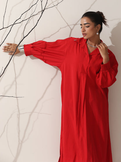 Dhiyona ST Women's Red AirSkin Oversized Dress Shirt with Adjustable Sleeves & Striped Pants | 2 Pc Set, Relaxed Fit Co-ord, Bold & Breezy Fusion Wear