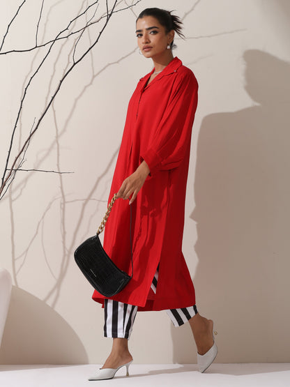 Dhiyona ST Women's Red AirSkin Oversized Dress Shirt with Adjustable Sleeves & Striped Pants | 2 Pc Set, Relaxed Fit Co-ord, Bold & Breezy Fusion Wear