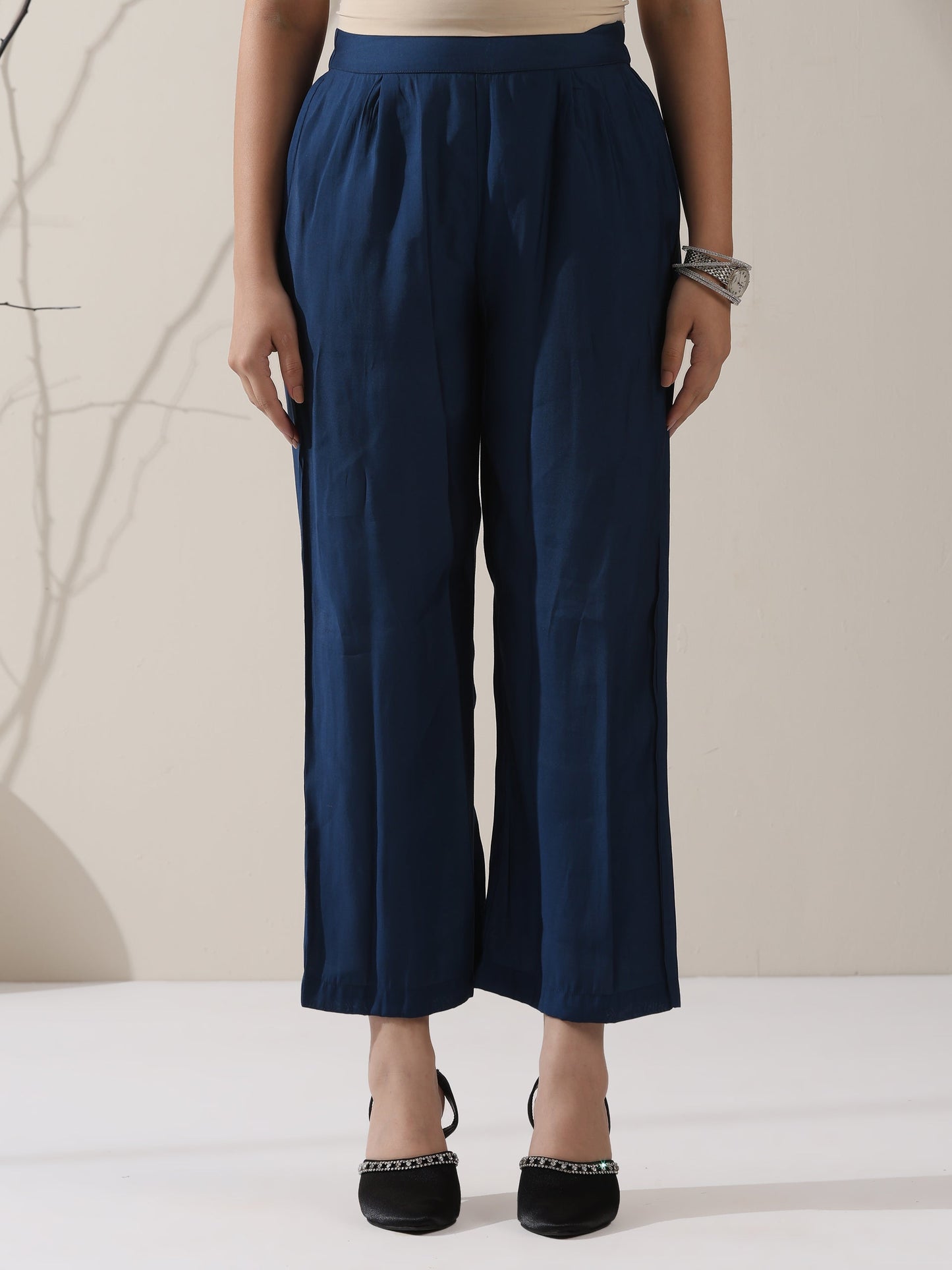 Dhiyona ST 2-Piece Navy Blue AirSkin Kurta Set for Women – Japanese-Inspired Design with Beaded Shoulder Detail & Matching Pants