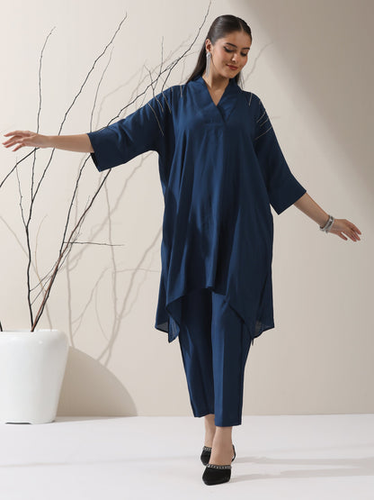 Dhiyona ST 2-Piece Navy Blue AirSkin Kurta Set for Women – Japanese-Inspired Design with Beaded Shoulder Detail & Matching Pants