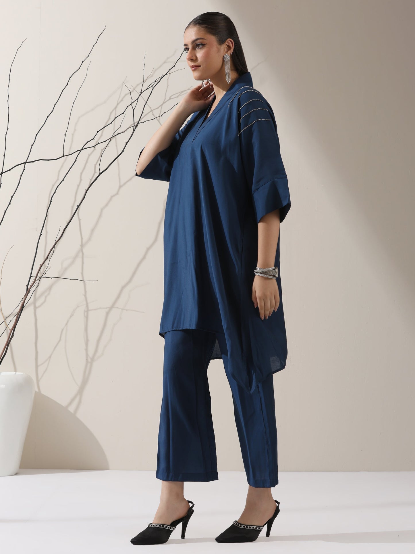 Dhiyona ST 2-Piece Navy Blue AirSkin Kurta Set for Women – Japanese-Inspired Design with Beaded Shoulder Detail & Matching Pants
