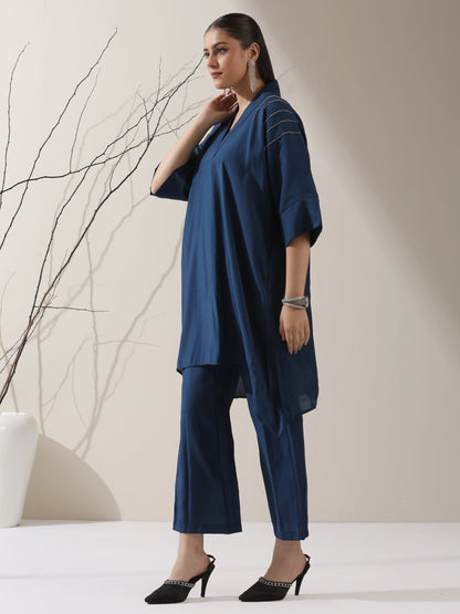 Dhiyona ST 2-Piece Navy Blue AirSkin Kurta Set for Women – Japanese-Inspired Design with Beaded Shoulder Detail & Matching Pants