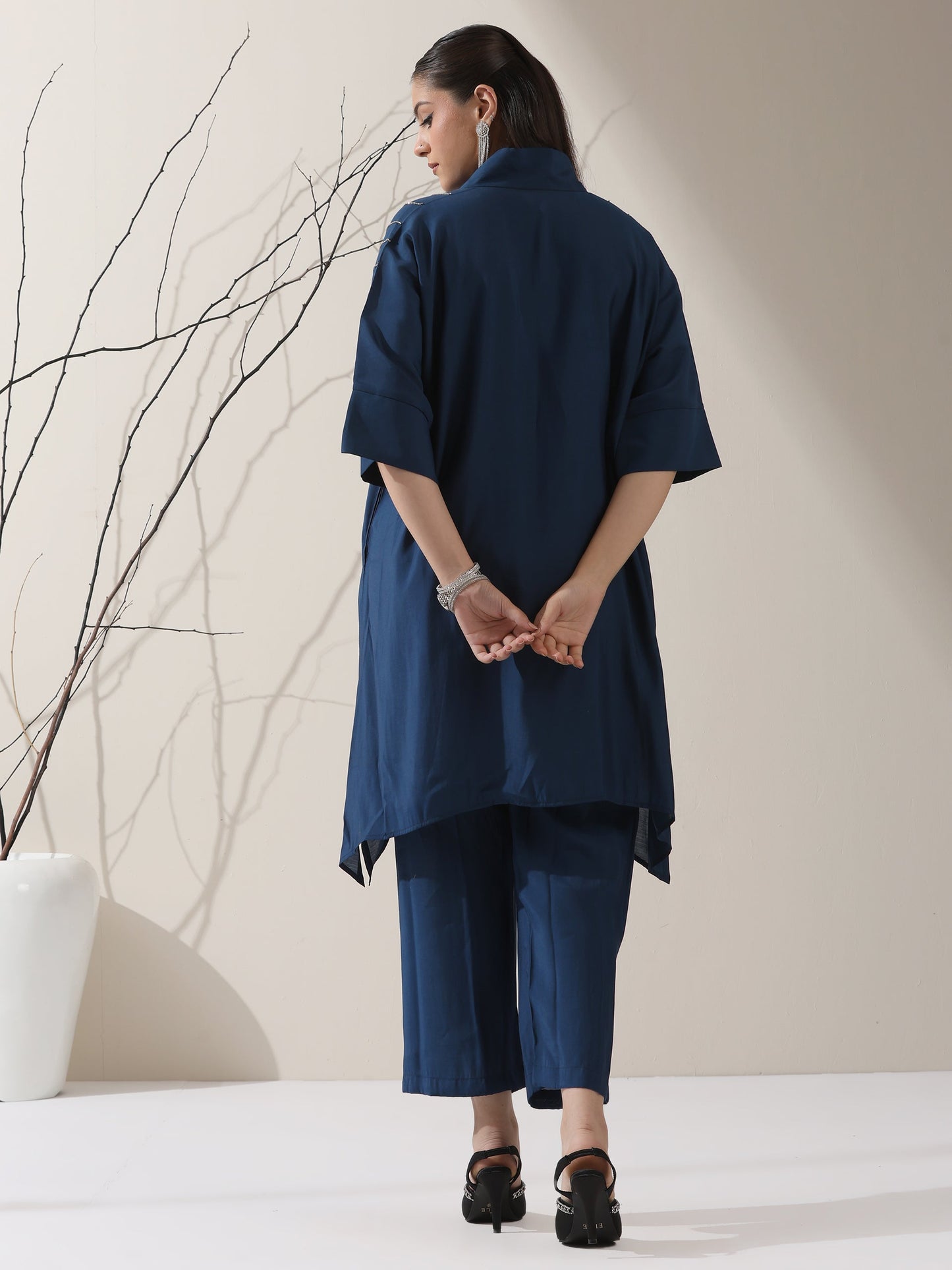 Dhiyona ST 2-Piece Navy Blue AirSkin Kurta Set for Women – Japanese-Inspired Design with Beaded Shoulder Detail & Matching Pants