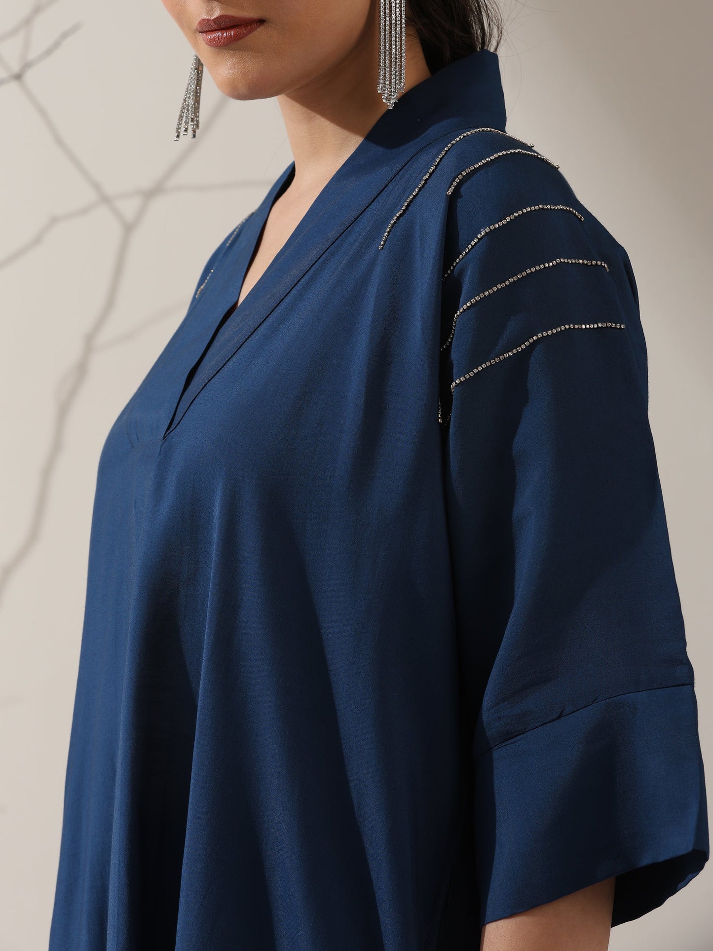 Dhiyona ST 2-Piece Navy Blue AirSkin Kurta Set for Women – Japanese-Inspired Design with Beaded Shoulder Detail & Matching Pants