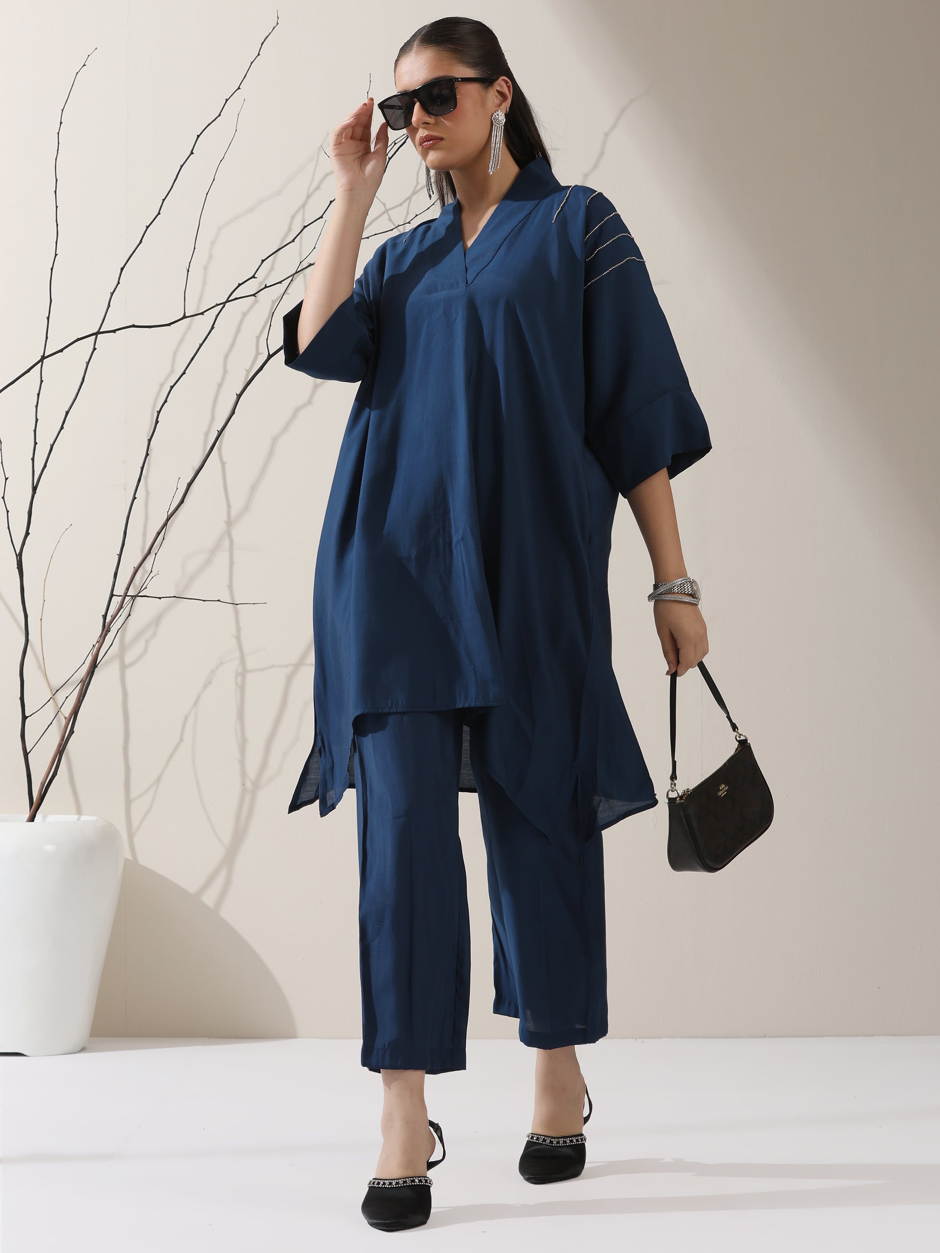 Dhiyona ST 2-Piece Navy Blue AirSkin Kurta Set for Women – Japanese-Inspired Design with Beaded Shoulder Detail & Matching Pants