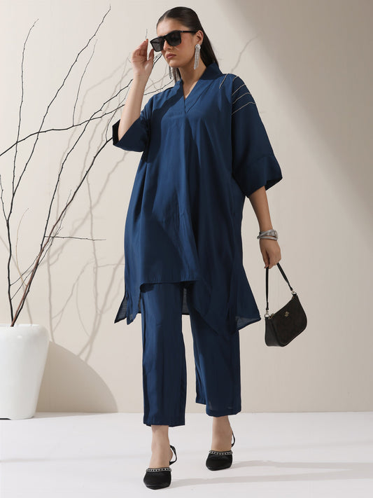Dhiyona ST 2-Piece Navy Blue AirSkin Kurta Set for Women – Japanese-Inspired Design with Beaded Shoulder Detail & Matching Pants