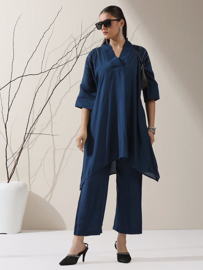 Dhiyona ST 2-Piece Navy Blue AirSkin Kurta Set for Women – Japanese-Inspired Design with Beaded Shoulder Detail & Matching Pants