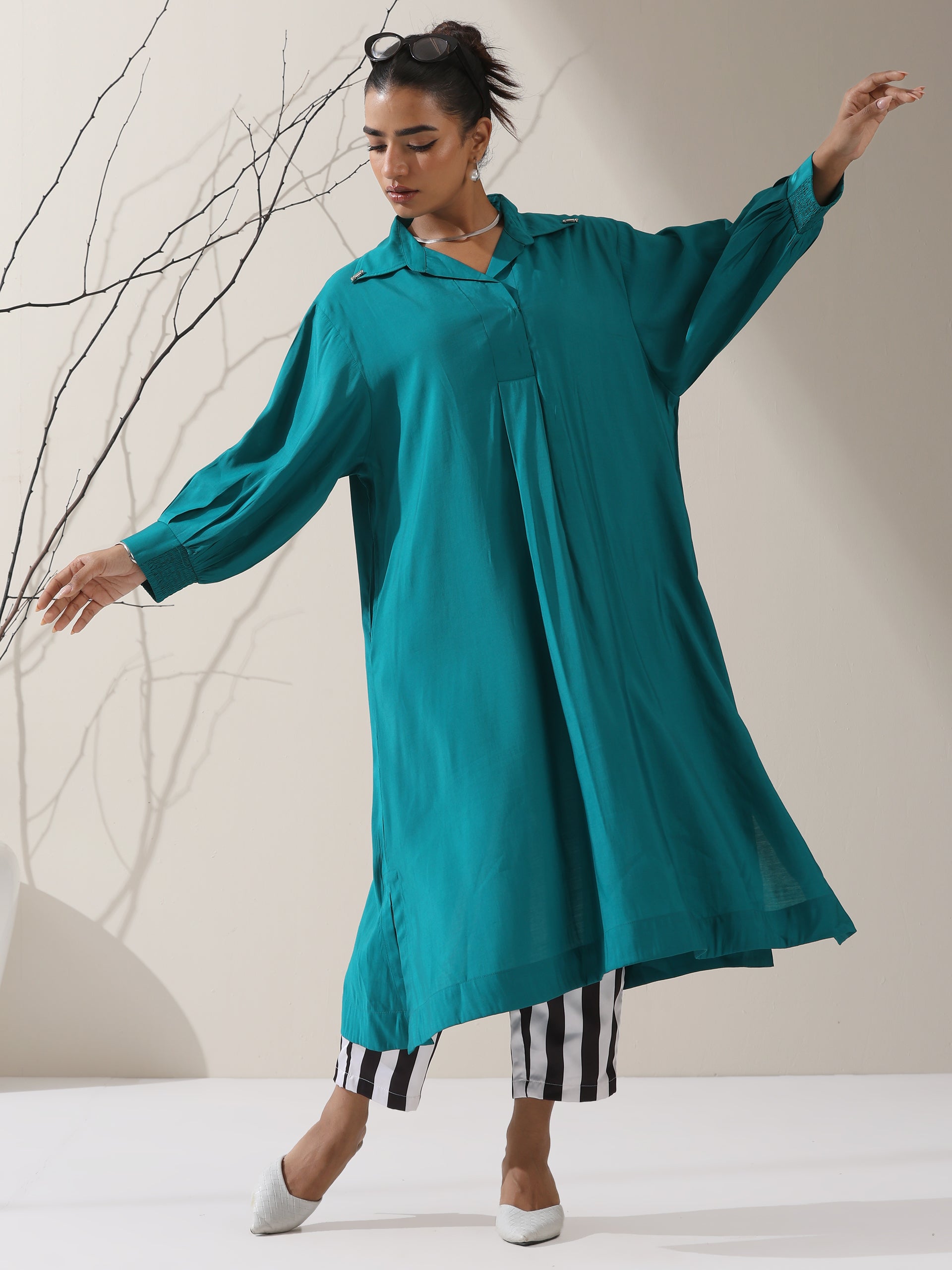 Dhiyona ST Women's Teal AirSkin Oversized Dress Shirt with Adjustable Sleeves & Striped Pants | 2 Pc Set, Relaxed Ethnic Co-ord, Cool & Contemporary Wear