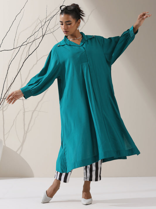 Dhiyona ST Women's Teal AirSkin Oversized Dress Shirt with Adjustable Sleeves & Striped Pants | 2 Pc Set, Relaxed Ethnic Co-ord, Cool & Contemporary Wear