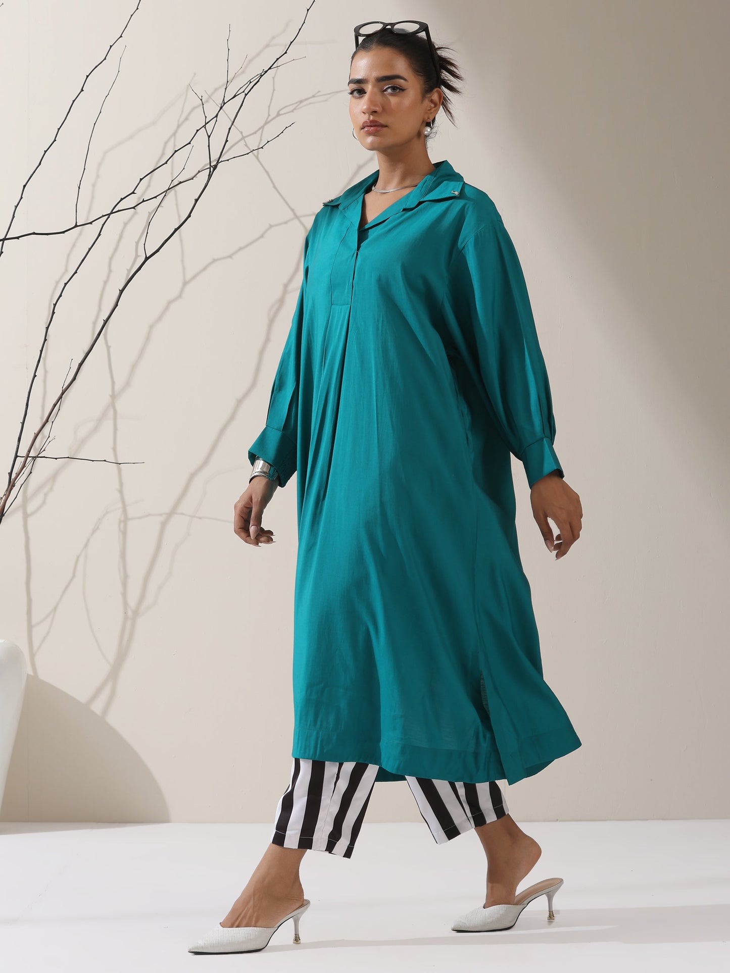 Dhiyona ST Women's Teal AirSkin Oversized Dress Shirt with Adjustable Sleeves & Striped Pants | 2 Pc Set, Relaxed Ethnic Co-ord, Cool & Contemporary Wear