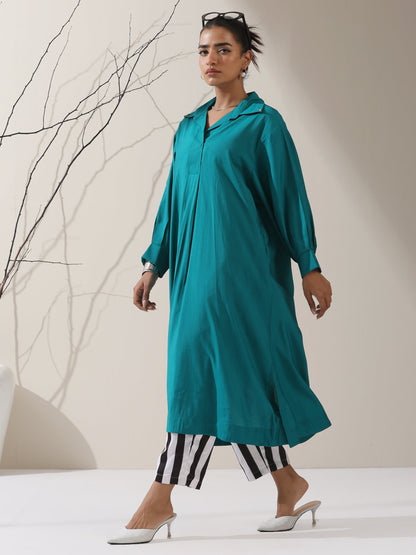 Dhiyona ST Women's Teal AirSkin Oversized Dress Shirt with Adjustable Sleeves & Striped Pants | 2 Pc Set, Relaxed Ethnic Co-ord, Cool & Contemporary Wear