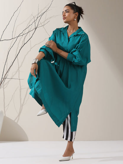 Dhiyona ST Women's Teal AirSkin Oversized Dress Shirt with Adjustable Sleeves & Striped Pants | 2 Pc Set, Relaxed Ethnic Co-ord, Cool & Contemporary Wear