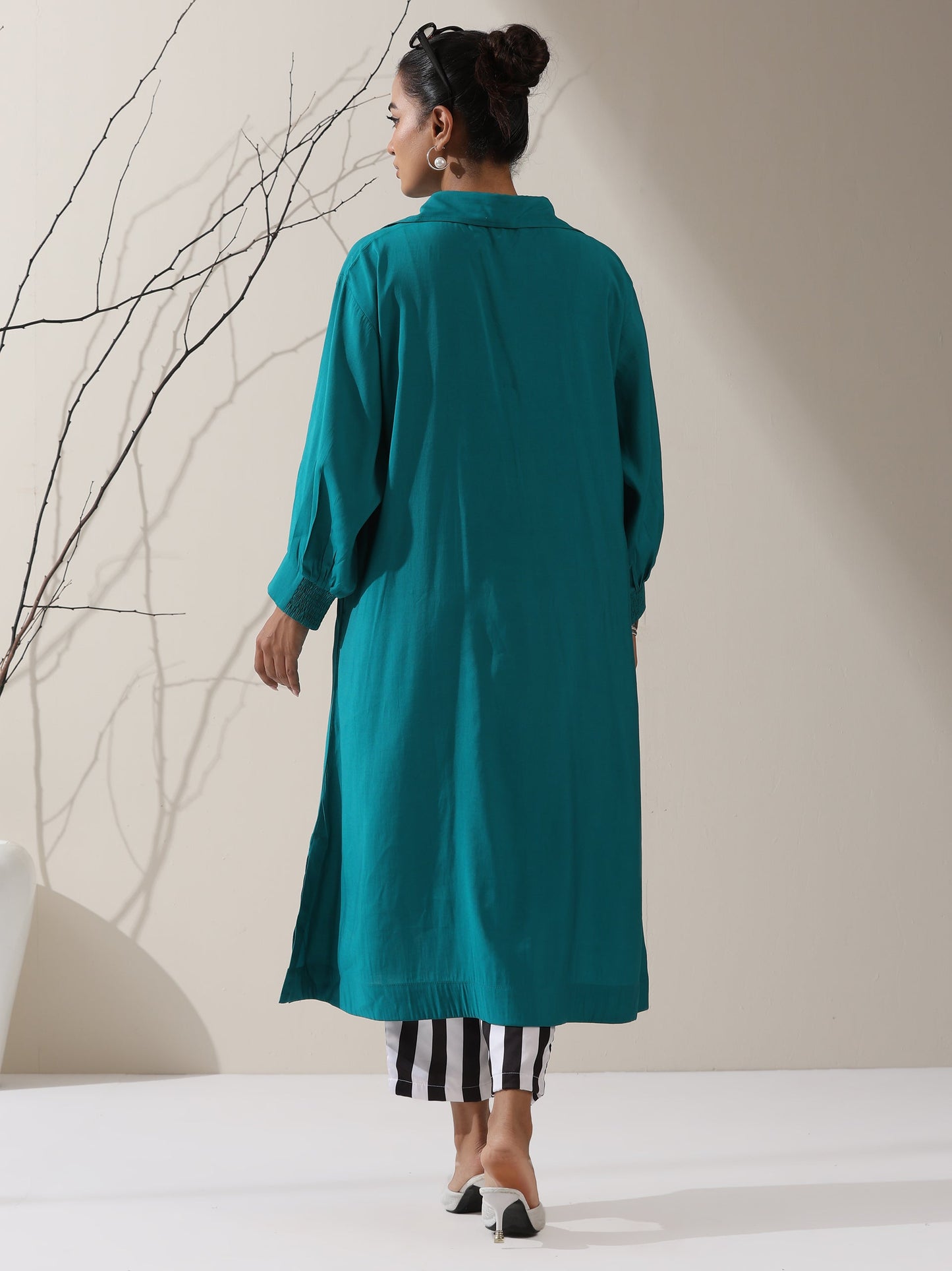Dhiyona ST Women's Teal AirSkin Oversized Dress Shirt with Adjustable Sleeves & Striped Pants | 2 Pc Set, Relaxed Ethnic Co-ord, Cool & Contemporary Wear