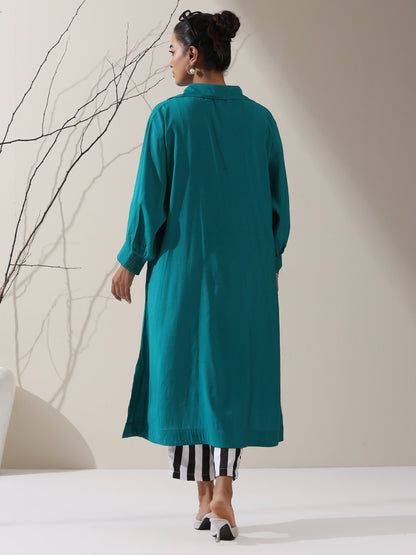 Dhiyona ST Women's Teal AirSkin Oversized Dress Shirt with Adjustable Sleeves & Striped Pants | 2 Pc Set, Relaxed Ethnic Co-ord, Cool & Contemporary Wear