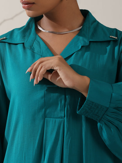 Dhiyona ST Women's Teal AirSkin Oversized Dress Shirt with Adjustable Sleeves & Striped Pants | 2 Pc Set, Relaxed Ethnic Co-ord, Cool & Contemporary Wear