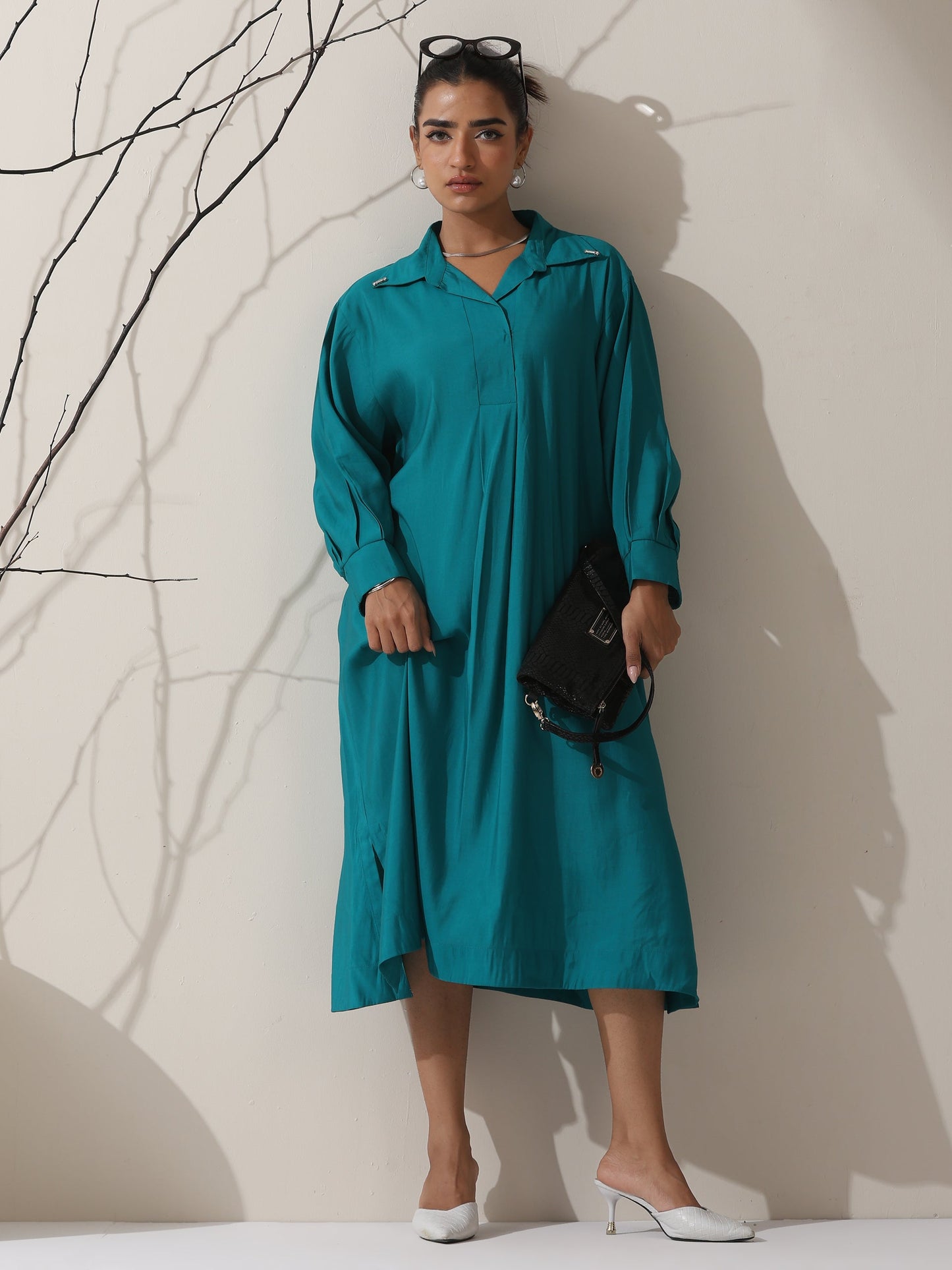 Dhiyona ST Women's Teal AirSkin Oversized Dress Shirt with Adjustable Sleeves & Striped Pants | 2 Pc Set, Relaxed Ethnic Co-ord, Cool & Contemporary Wear