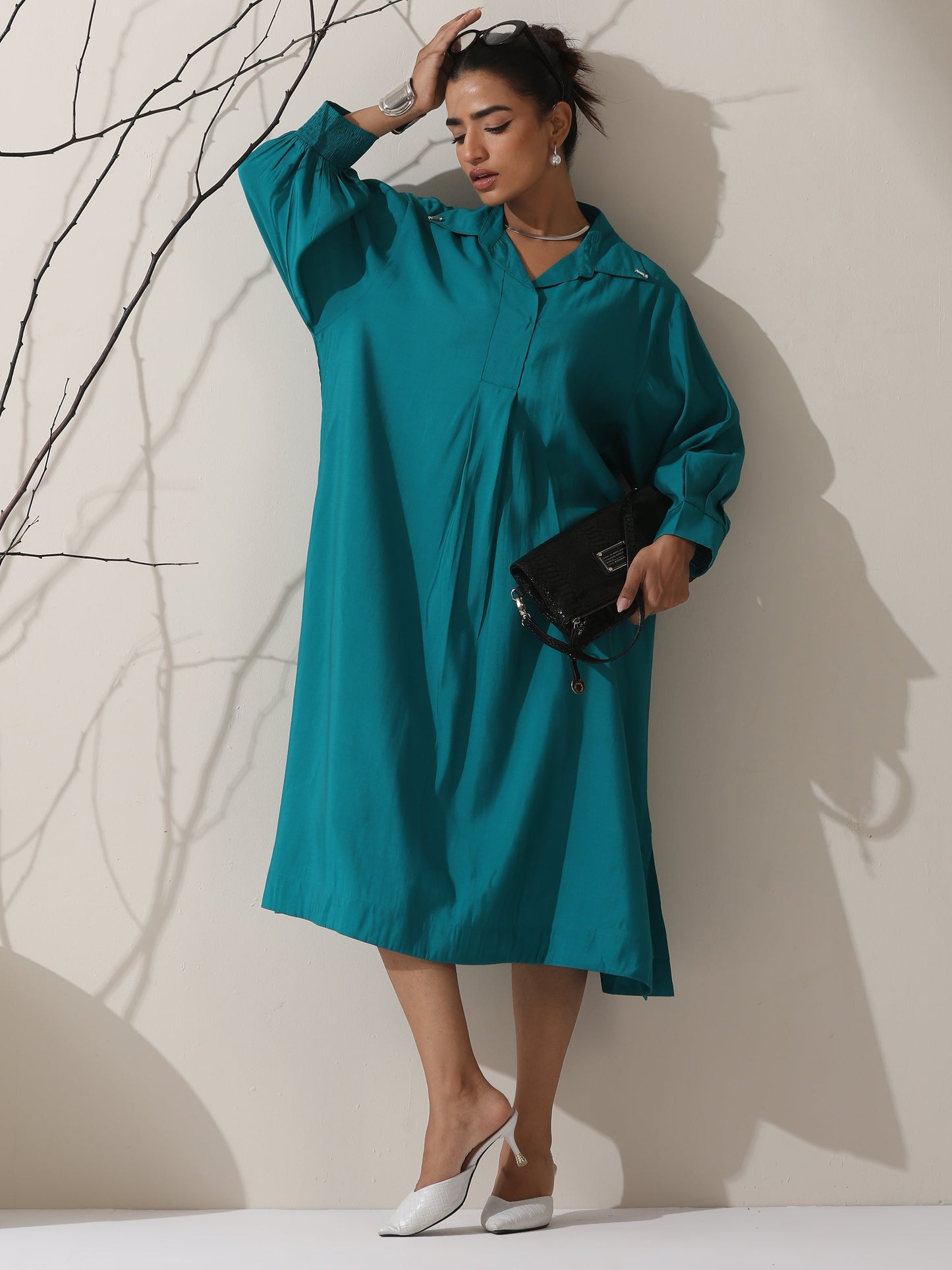 Dhiyona ST Women's Teal AirSkin Oversized Dress Shirt with Adjustable Sleeves & Striped Pants | 2 Pc Set, Relaxed Ethnic Co-ord, Cool & Contemporary Wear