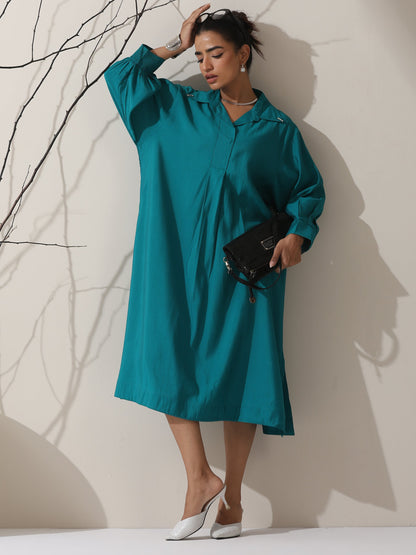Dhiyona ST Women's Teal AirSkin Oversized Dress Shirt with Adjustable Sleeves & Striped Pants | 2 Pc Set, Relaxed Ethnic Co-ord, Cool & Contemporary Wear