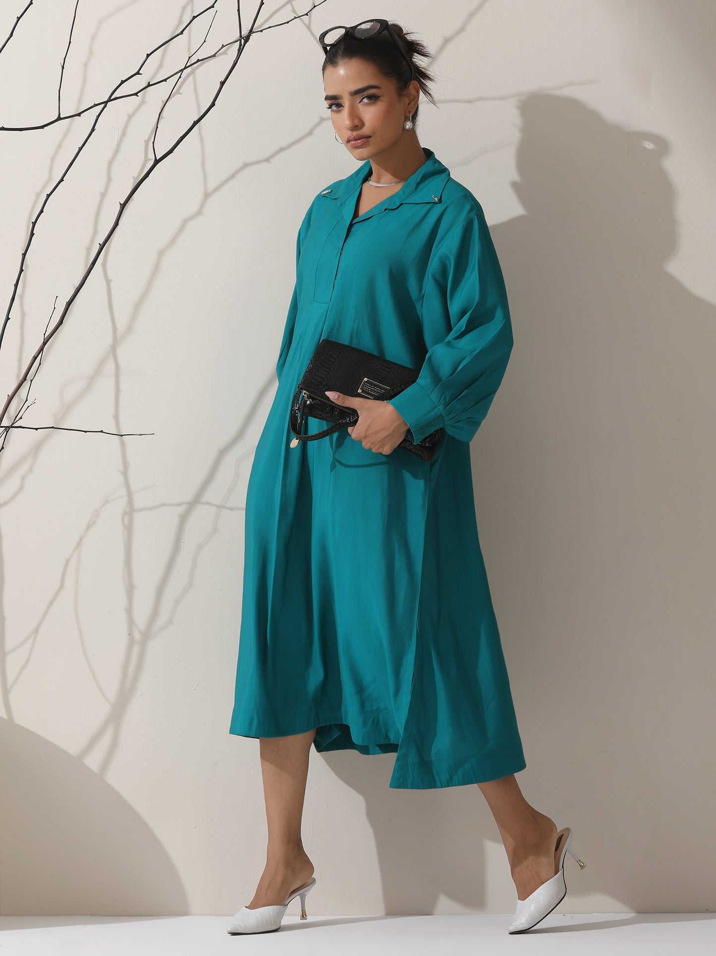 Dhiyona ST Women's Teal AirSkin Oversized Dress Shirt with Adjustable Sleeves & Striped Pants | 2 Pc Set, Relaxed Ethnic Co-ord, Cool & Contemporary Wear