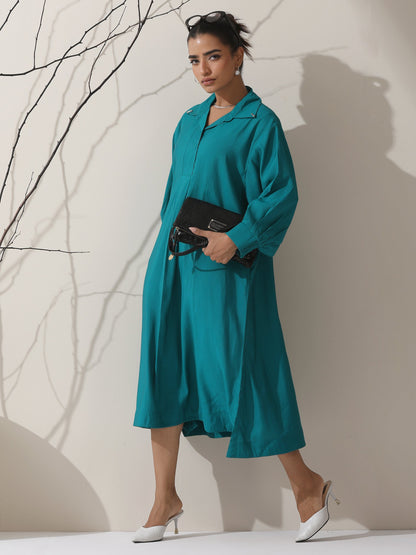 Dhiyona ST Women's Teal AirSkin Oversized Dress Shirt with Adjustable Sleeves & Striped Pants | 2 Pc Set, Relaxed Ethnic Co-ord, Cool & Contemporary Wear