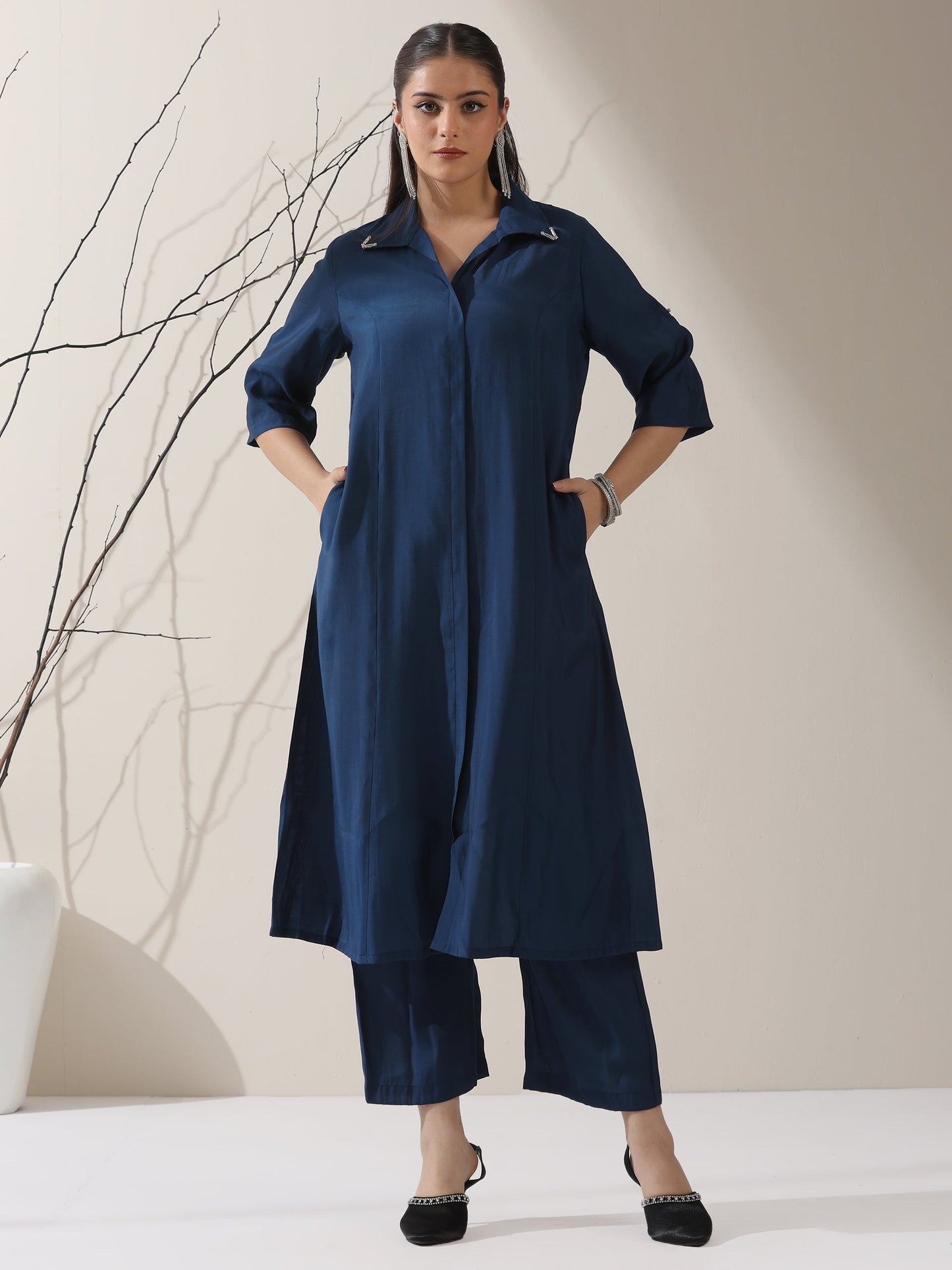 Dhiyona ST Women's Navy AirSkin Kurta with Pointed Collar, Roll-Up Sleeves & Pants | 2 Pc Set, Lightweight Ethnic Co-ord, Modern Wear