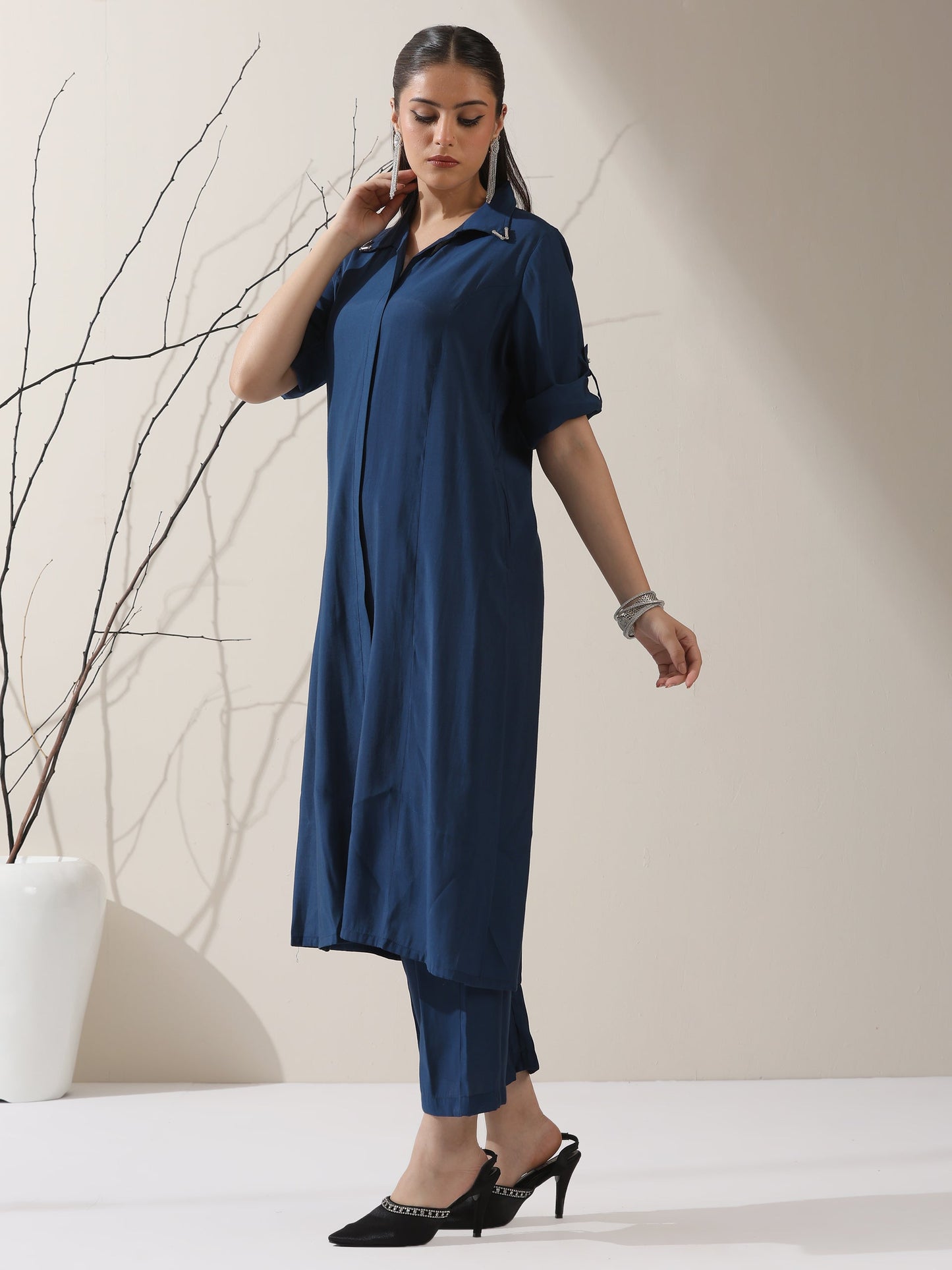 Dhiyona ST Women's Navy AirSkin Kurta with Pointed Collar, Roll-Up Sleeves & Pants | 2 Pc Set, Lightweight Ethnic Co-ord, Modern Wear