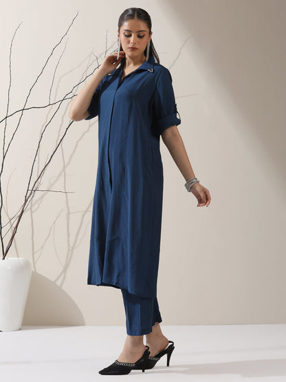 Dhiyona ST Women's Navy AirSkin Kurta with Pointed Collar, Roll-Up Sleeves & Pants | 2 Pc Set, Lightweight Ethnic Co-ord, Modern Wear