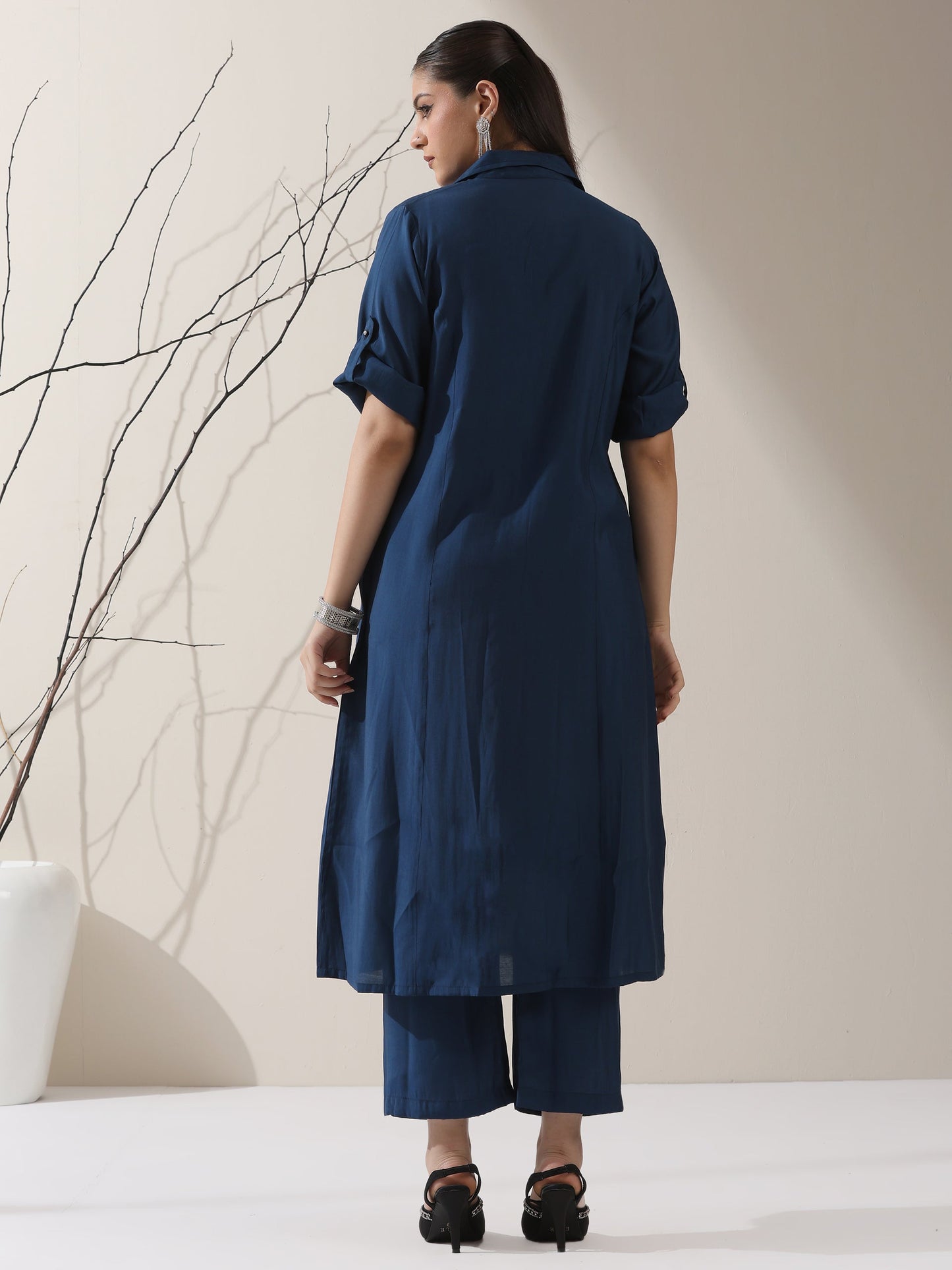 Dhiyona ST Women's Navy AirSkin Kurta with Pointed Collar, Roll-Up Sleeves & Pants | 2 Pc Set, Lightweight Ethnic Co-ord, Modern Wear