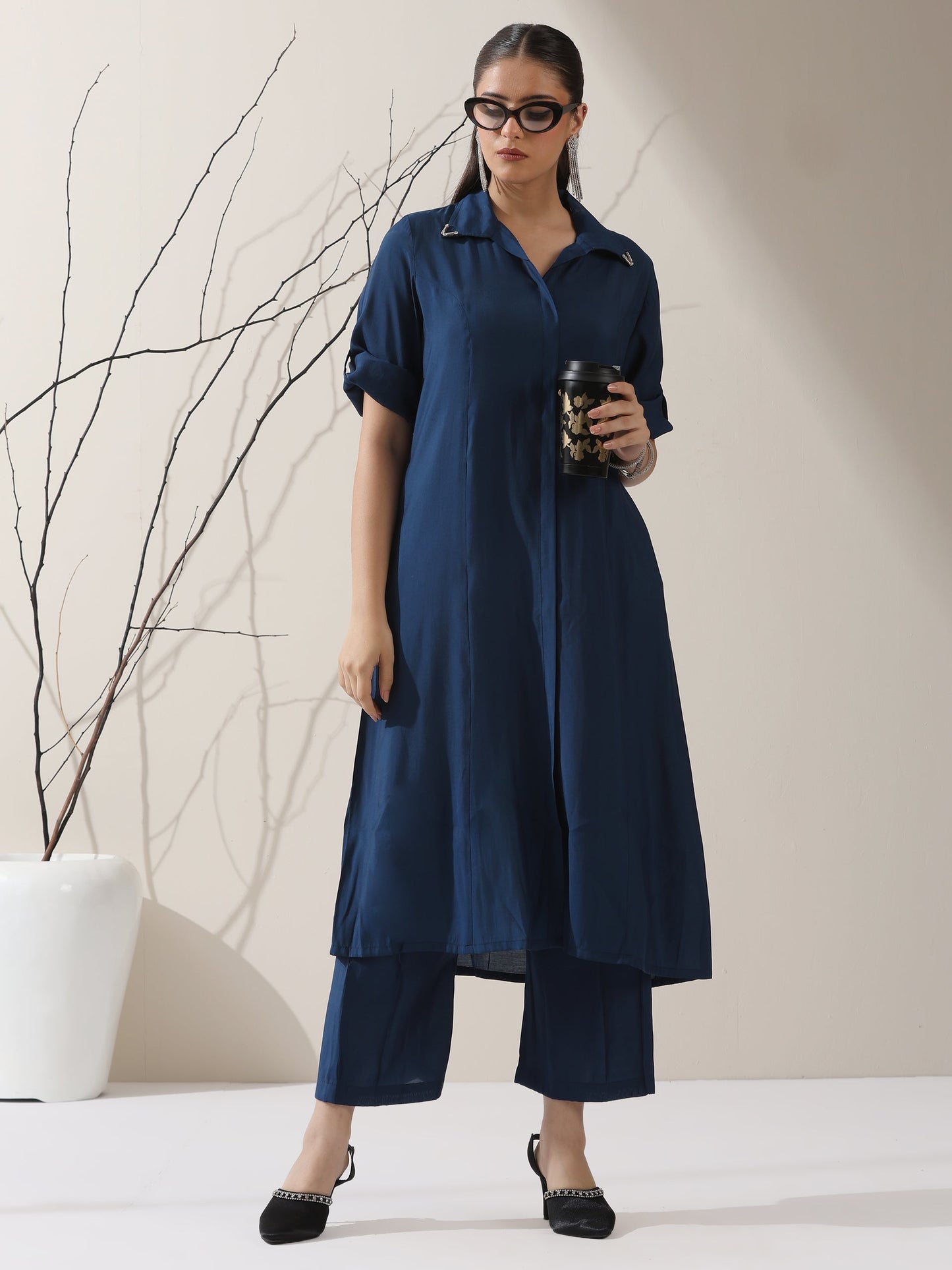 Dhiyona ST Women's Navy AirSkin Kurta with Pointed Collar, Roll-Up Sleeves & Pants | 2 Pc Set, Lightweight Ethnic Co-ord, Modern Wear