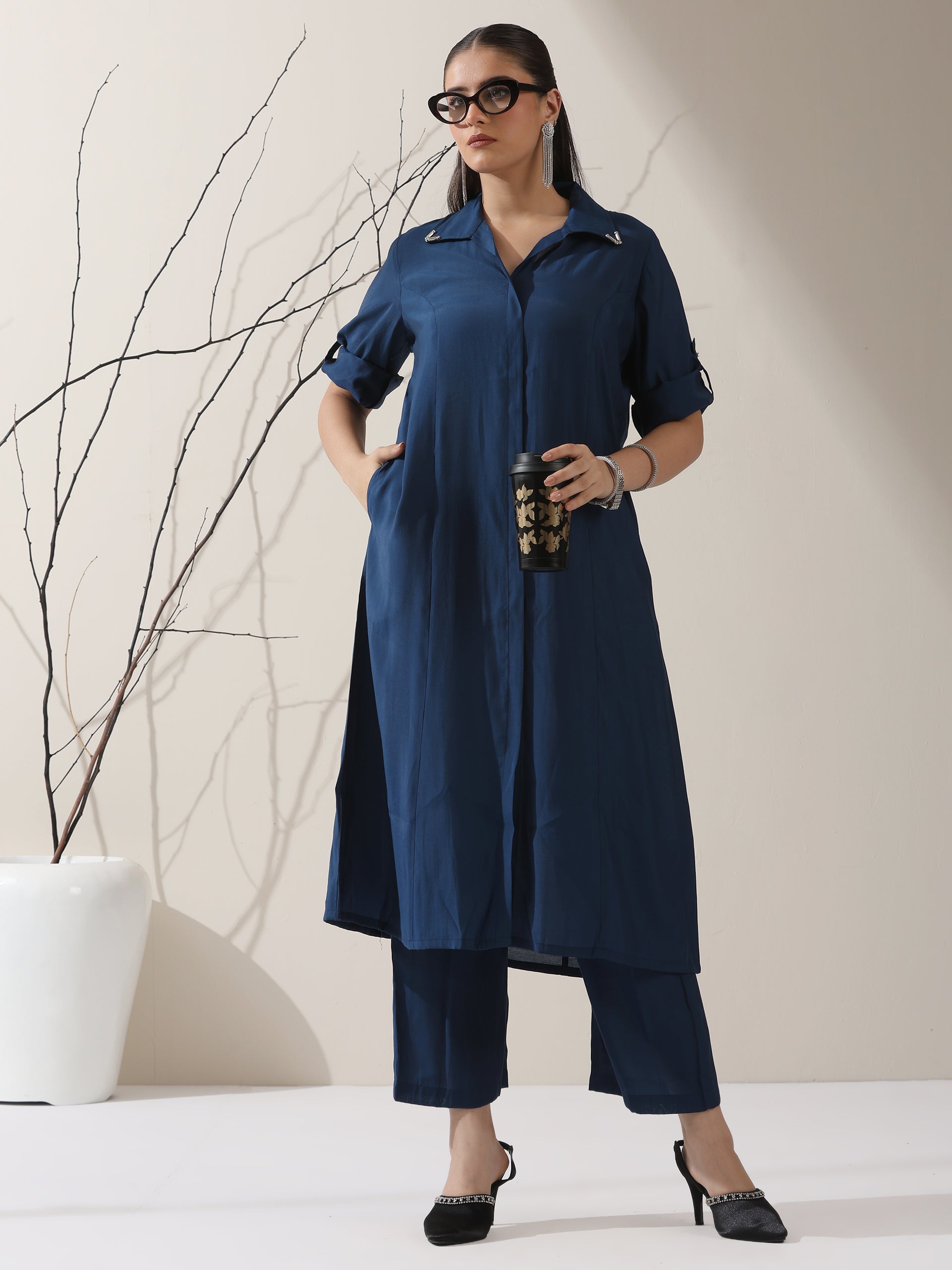 Dhiyona ST Women's Navy AirSkin Kurta with Pointed Collar, Roll-Up Sleeves & Pants | 2 Pc Set, Lightweight Ethnic Co-ord, Modern Wear