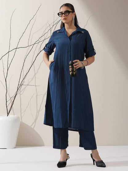 Dhiyona ST Women's Navy AirSkin Kurta with Pointed Collar, Roll-Up Sleeves & Pants | 2 Pc Set, Lightweight Ethnic Co-ord, Modern Wear