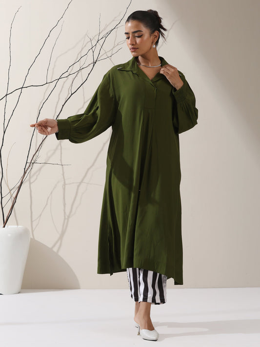 Dhiyona ST Women's Olive AirSkin Oversized Dress Shirt with Adjustable Sleeves & Striped Pants | 2 Pc Set, Relaxed Co-ord, Contemporary Fusion Wear