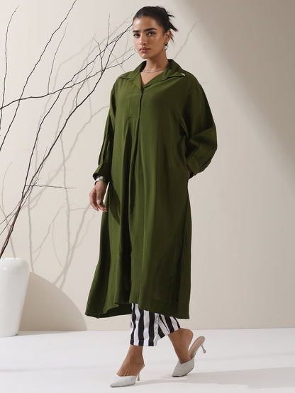Dhiyona ST Women's Olive AirSkin Oversized Dress Shirt with Adjustable Sleeves & Striped Pants | 2 Pc Set, Relaxed Co-ord, Contemporary Fusion Wear