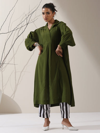 Dhiyona ST Women's Olive AirSkin Oversized Dress Shirt with Adjustable Sleeves & Striped Pants | 2 Pc Set, Relaxed Co-ord, Contemporary Fusion Wear