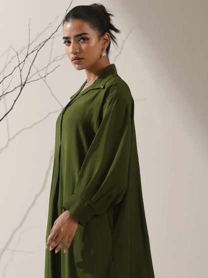 Dhiyona ST Women's Olive AirSkin Oversized Dress Shirt with Adjustable Sleeves & Striped Pants | 2 Pc Set, Relaxed Co-ord, Contemporary Fusion Wear