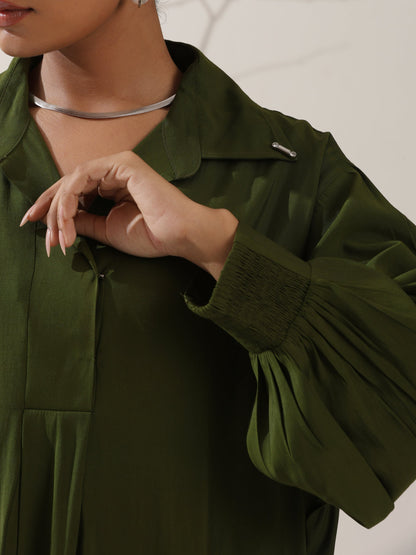 Dhiyona ST Women's Olive AirSkin Oversized Dress Shirt with Adjustable Sleeves & Striped Pants | 2 Pc Set, Relaxed Co-ord, Contemporary Fusion Wear