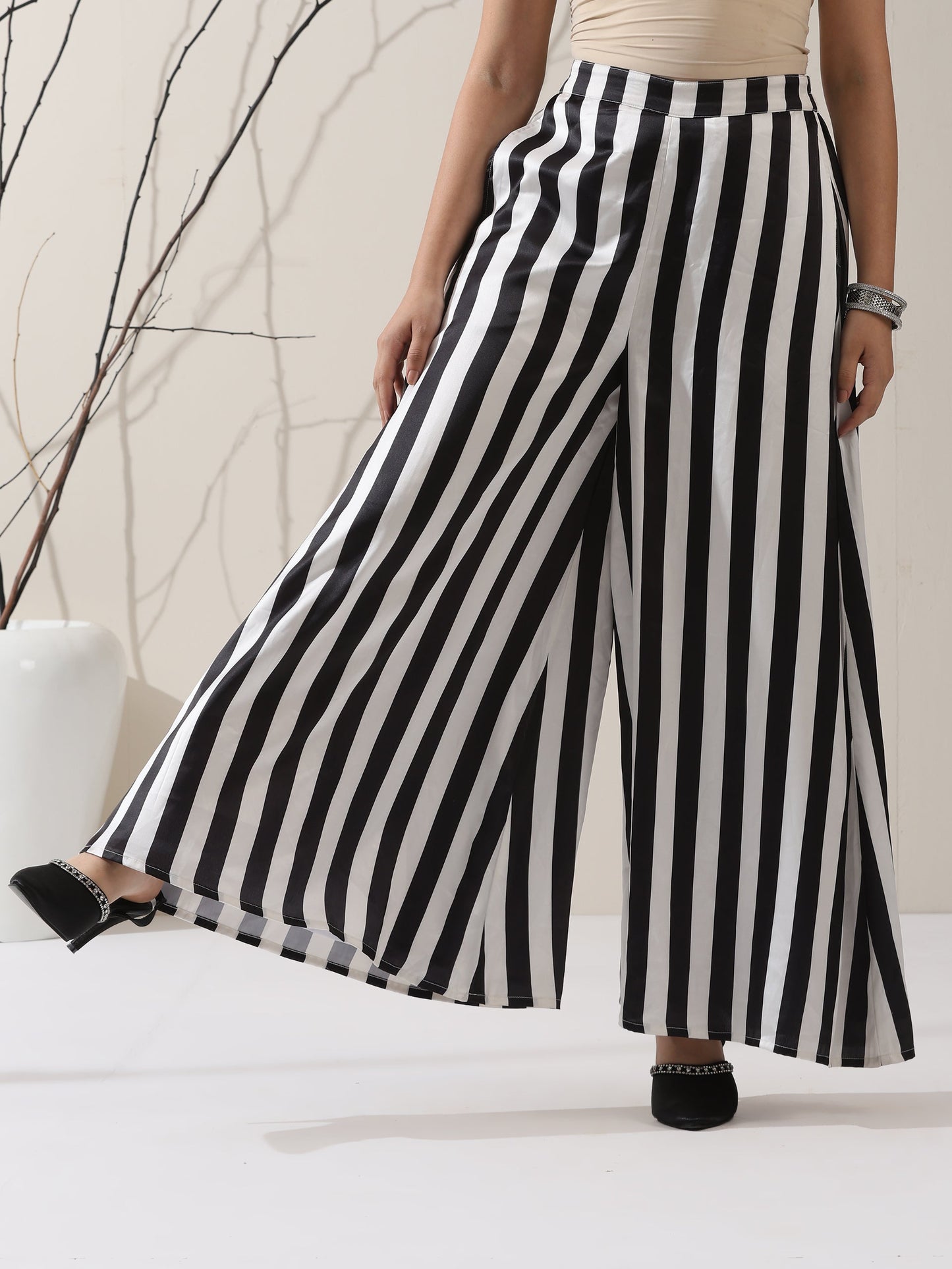 Dhiyona ST Women's Black Korean Zip Shirt with Printed Striped Palazzo | 2 Pc Set, Contemporary Co-ord, Chic Fusion Wear