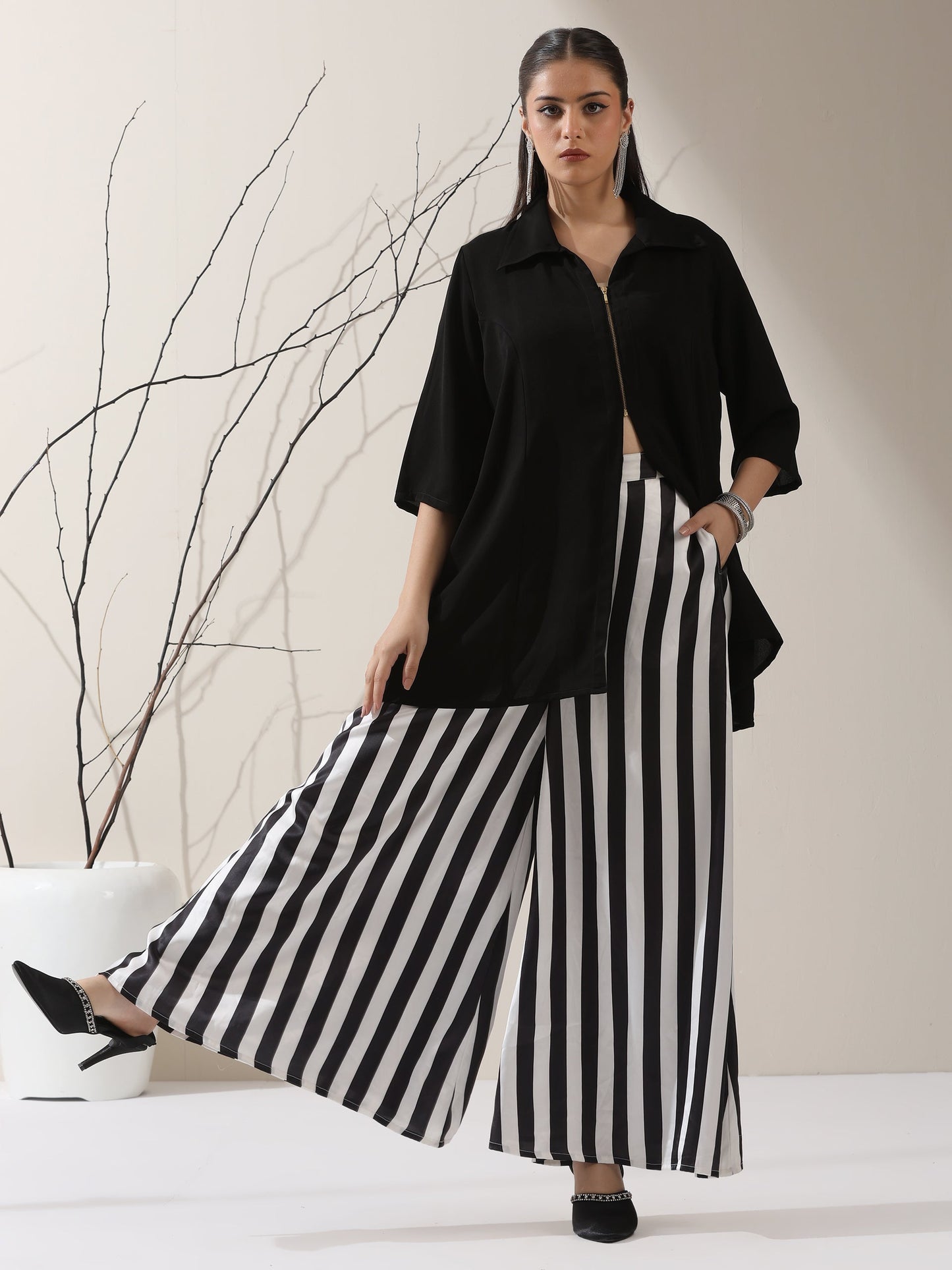 Dhiyona ST Women's Black Korean Style Zip Shirt | 1 Pc, Modern Co-ord, Sleek Contemporary Wear