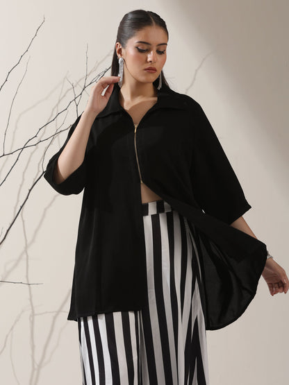 Dhiyona ST Women's Black Korean Style Zip Shirt | 1 Pc, Modern Co-ord, Sleek Contemporary Wear