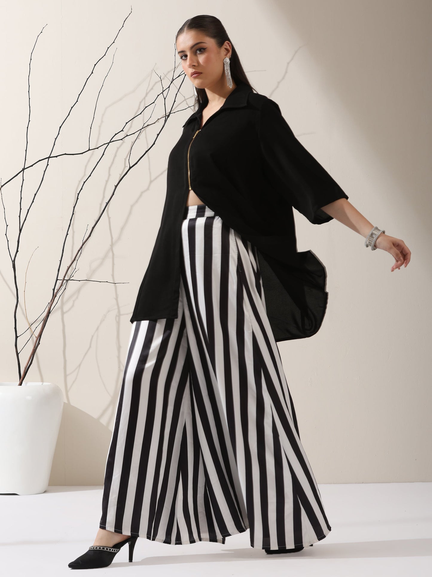 Dhiyona ST Women's Black Korean Zip Shirt with Printed Striped Palazzo | 2 Pc Set, Contemporary Co-ord, Chic Fusion Wear