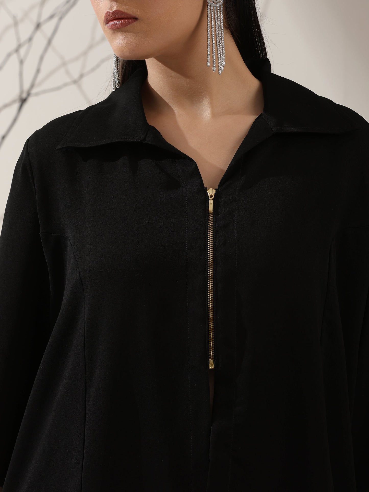 Dhiyona ST Women's Black Korean Style Zip Shirt | 1 Pc, Modern Co-ord, Sleek Contemporary Wear