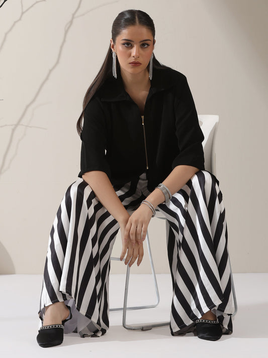 Dhiyona ST Women's Black Korean Zip Shirt with Printed Striped Palazzo | 2 Pc Set, Contemporary Co-ord, Chic Fusion Wear