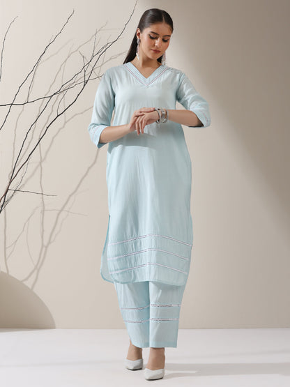 Dhiyona ST Women's Light Blue AirSkin V-Neck Kurta with Lace Insets & Pants | 2 Pc Set, Soft & Breathable Ethnic Co-ord, Elegant Summer Wear